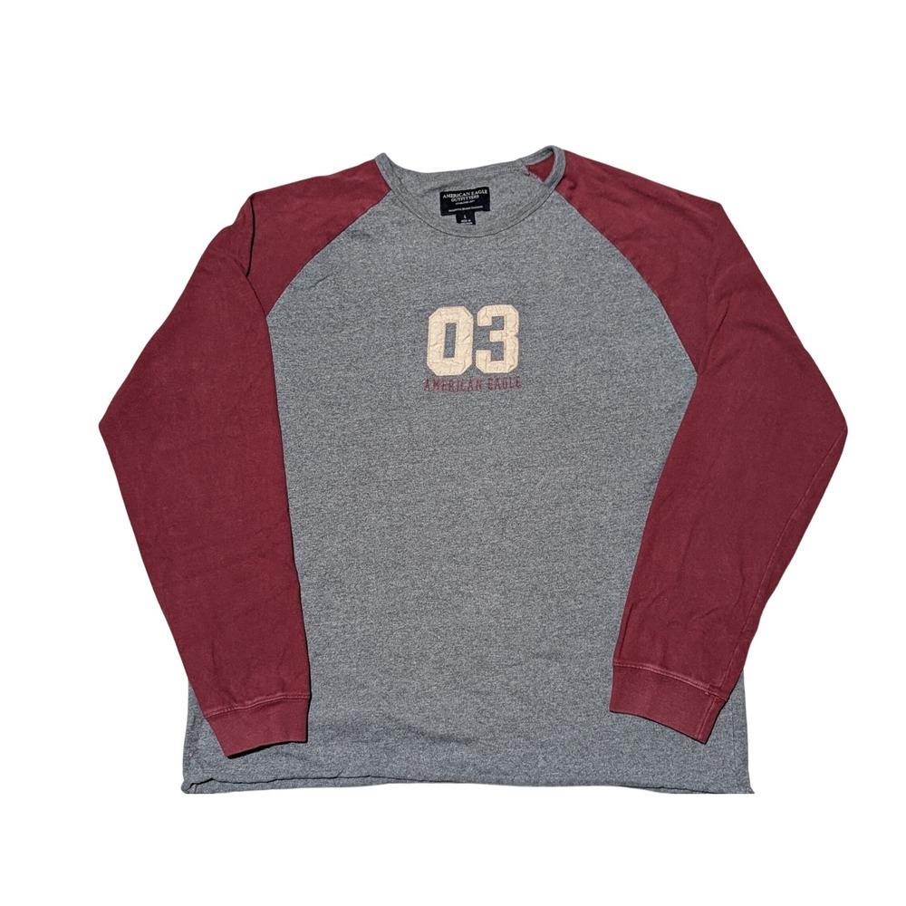 American Eagle T-Shirt Mens L Gray Burgundy Raglan 03 Graphic Long Sleeve Cotton